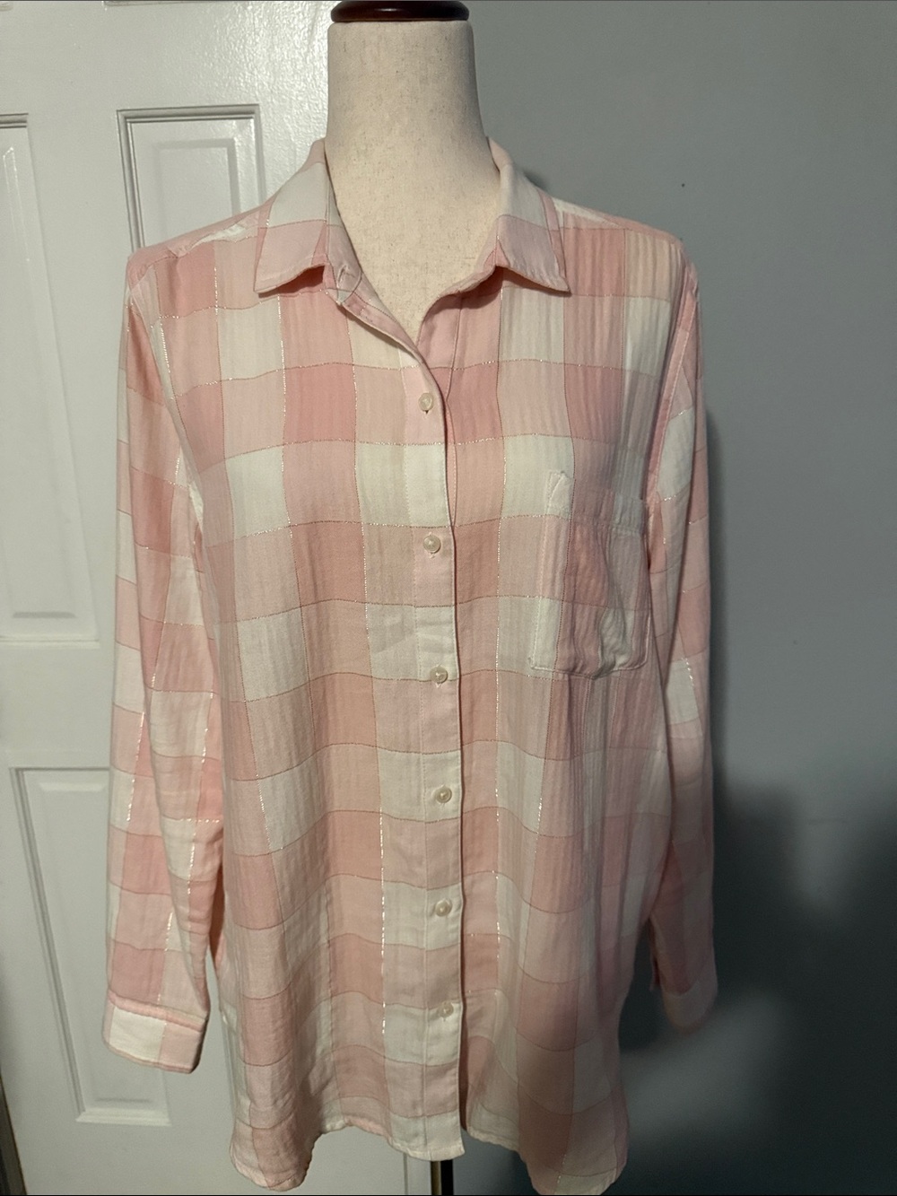 Pink and White Plaid Button-Up Shirt